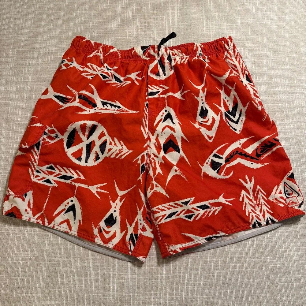 Quiksilver Mens Orange Tribal Fish Print‎ Swim Trunks Board Shorts XL 1502443